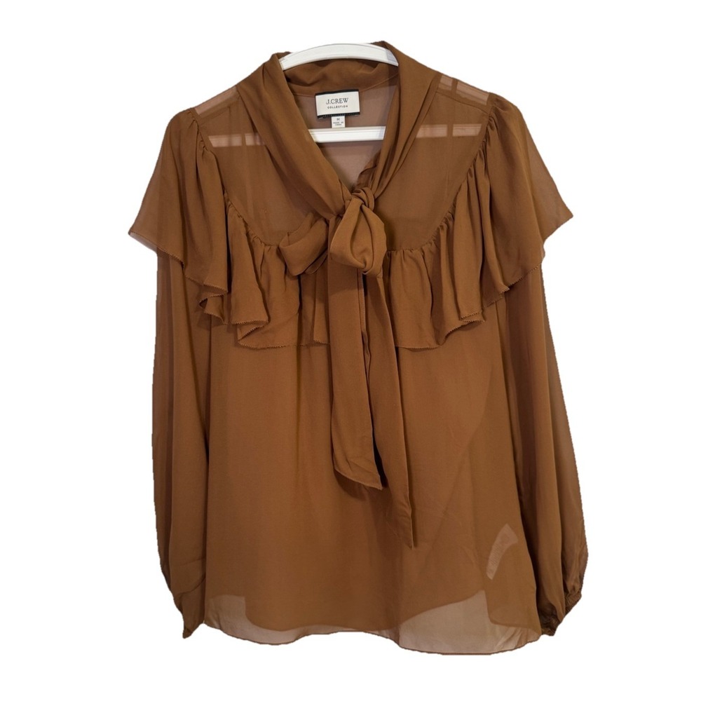 J.Crew Collection size Medium Brown Tie Neck Silk Chiffon Top Sheer With Cami
